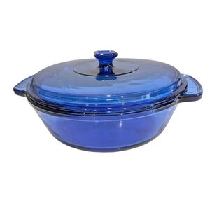 Anchor Hocking Cobalt Blue Casserole Dish w Lid 2 Qt Vintage Ovenware Glass USA